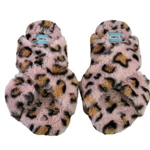 Toms Susie Slippers Women Size 7 Pink Brown Cheetah Animal Print Faux Fur Shoe
